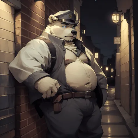 New Jersey 5 Furry,polar bear，portrait,Exquisite， Chubby，Fat，Thick arms，Rugged muscles，White plush fur，Chubby脸，Black eyebrows，Sky blue eyes，Beard，night，Isolated street corner，Leaning against the wall，Detective Costume,Detective Pants, Detective hat