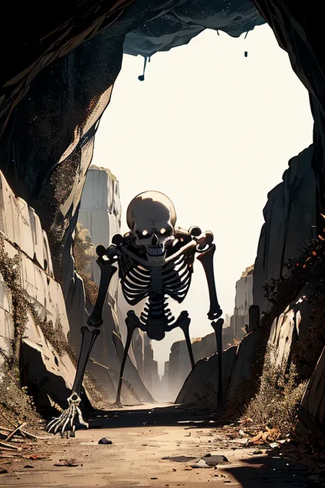 A skeleton crawls out of the cave，The background is a dark cave