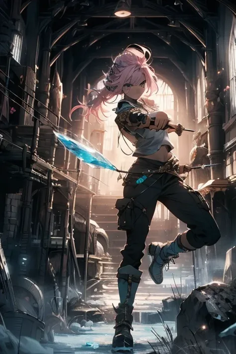 1 girl, ranger, scout, assassin, pink hair, fierce, otherworldly lighting, icy air, battle pose, action, delicate, a young archer assassin prepares to fire an icy arrow at her target