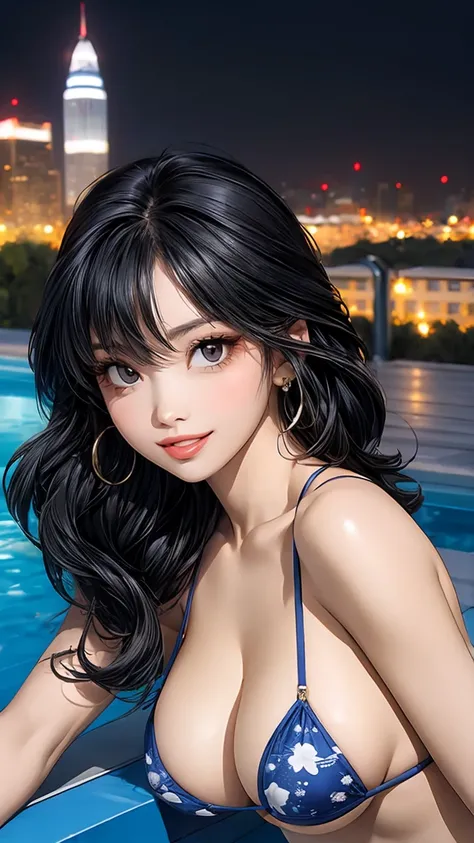 (best quality, ultra-detailed, photorealistic), perfect body, nice breasts, cute printed micro bikini, brilliant colors, rooftop pool, starry night, city skyline