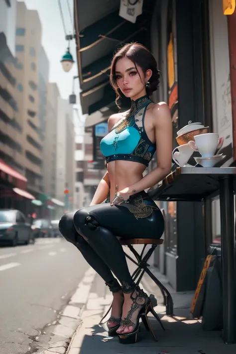 Woman-robot sitting at a table in a sidewalk cafe, best quality, high quality, absurdres, masterpiece, beautiful, intricate details, 1/2 body crop, slim body, beautiful figure, magnificent anatomy, (intricate details:1.12), HDR, (intricate details, hyper-d...