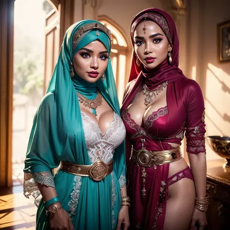 Two:2 Malaysian girls group,malay, The whole body consists of a young girl with hijab, Eye makeup, 21yo, Cat ears, Soft lighting, Solo, Wear shabby clothes, Dirty, Tattered futuristic bikini, Cats paw badge, Pose, spot color, rendering by octane, Ultra-rea...