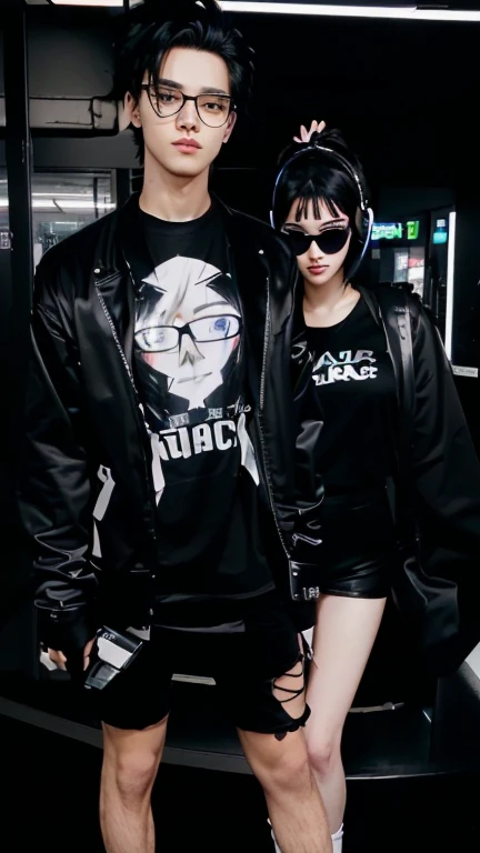 close-up shot of a cute girl standing next to a handsome guy wearing a black shirt, anime image, all black clothing, short black hair, blue eyes, cute girl, tumblr, dark aesthetic, all black cyberpunk streetwear, hair long black, wearing black glasses, usi...