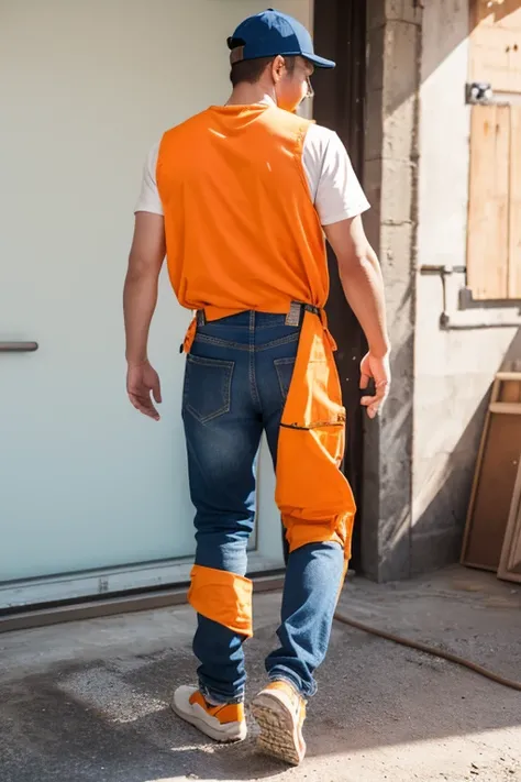 construction worker，whole body，Orange vest，jeans，Two hands，Two Legs，Walking status，((Back：1.6))，cap，Transparent undertone，Bright colors，positive，Sunlight