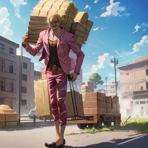 Doflamingo carrying a roll of hay with a forklift