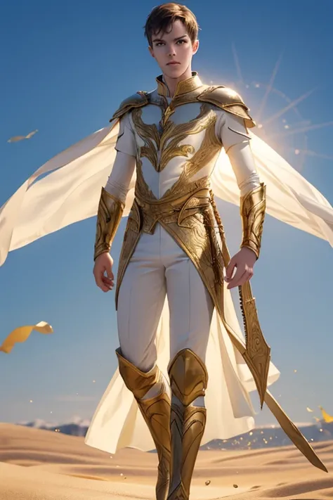 Full Body photorealistic 4k, high resolution, Nicholas Hoult as Helios, wearing white and gold. Sunshine is the background 