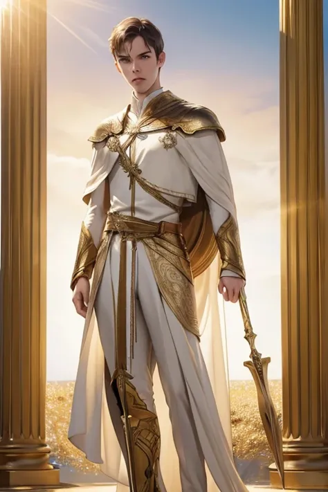 Full Body photorealistic 4k, high resolution, Nicholas Hoult as Helios, wearing white and gold. Sunshine is the background 