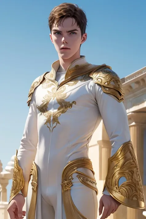 Full Body photorealistic 4k, high resolution, Nicholas Hoult as Helios, wearing white and gold. Sunshine is the background 