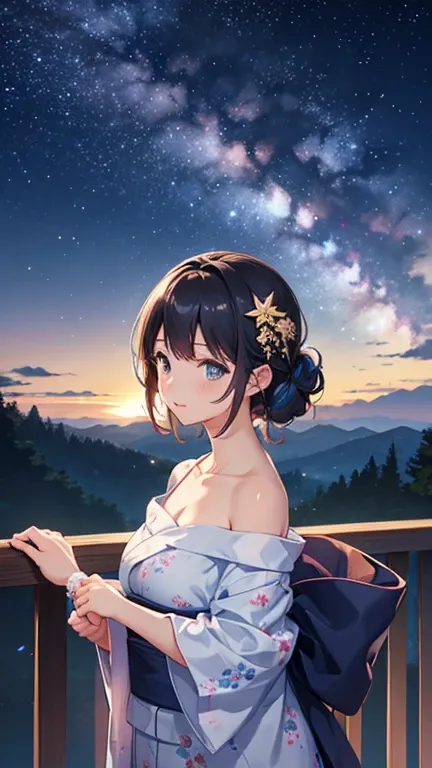 Landscape Photography、wallpaper、Starry Sky、Meteorilky way、Yukata Girls、Off the shoulder