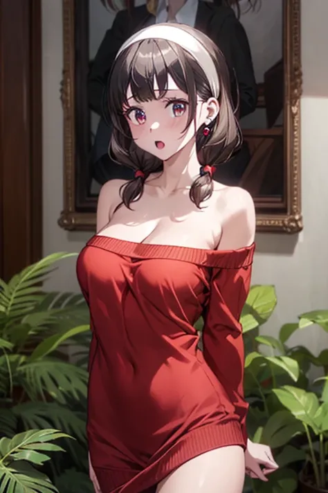 masterpiece, yor, 1girl, Bust A Cup, Amazing Cleavage:1.0, thin waist, big ass, Raised sexy, medium breast: 1.6 posed cleavage:1.2、solo, looking at viewer, open mouth, black hair, red eyes, dress, bare shoulders, jewelry, collarbone, sidelocks, hairband, e...