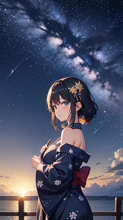 Landscape Photography、wallpaper、Starry Sky、Meteorilky way、Yukata Girls、Off the shoulder