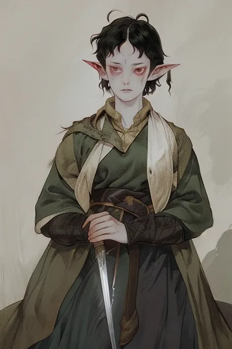 In Merrill, 1 girl, flower, Pointed ears, One, black hair, short hair, Scar, a knife, weapon, tears, elf, face tattoo
