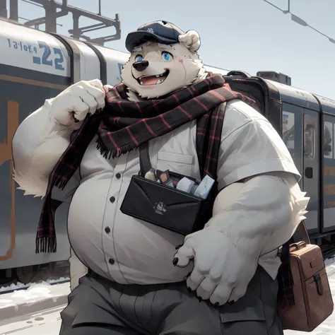 New Jersey 5 Furry,polar bear，portrait,Exquisite， Chubby，Fat，Thick arms，Rugged muscles，White plush fur，Chubby脸，Black eyebrows，Sky blue eyes，Beard，TRAIN STATION，Worn plaid shirt,Nylon pants, Patched hat，scarf，dust，Suitcase，Happy，Tears