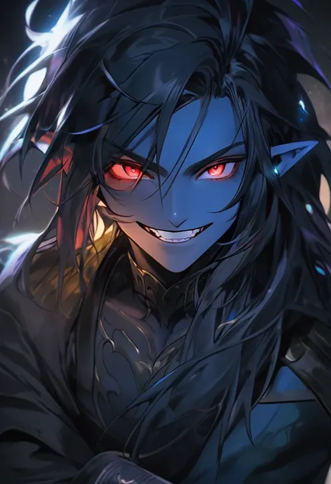 1boy, pointy ears, male focus, solo, crossed arms, colored skin, glowing, glowing eyes, long hair, teeth, red eyes, smile, black hair, blue skin, sharp teeth, looking at viewer