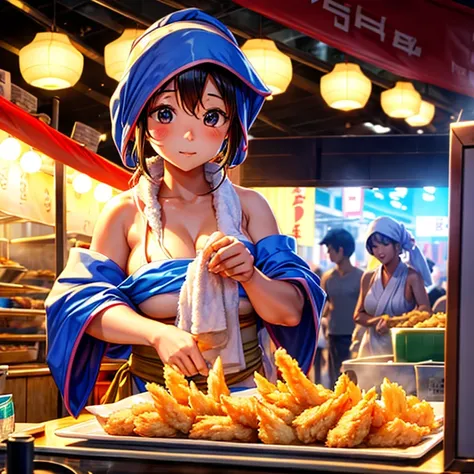 A woman with a towel wrapped around her head making a large amount of tempura at a Korean night market　highest quality