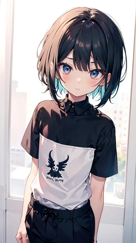 anime style,1boy,cute shota,two tone color fashion,
bob hair,Boy wearing short-sleeved shirts and pants,
small young boy,looks like girl,