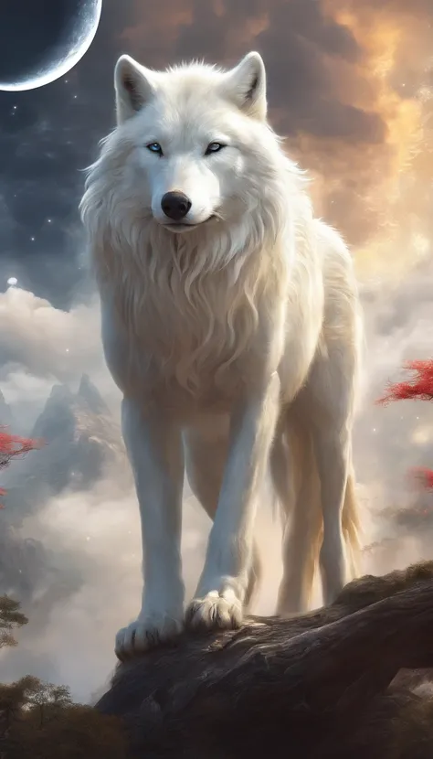 Chinese Mythology, Giant White Wolf, Thick Clouds, ((9 Tailored, Moon, Masterpiece, Best Image Quality, Ultra Definition, Super Magic, Ultra Detail, 8K Resolution, OC Renderer, Dynamic Viewing Angle, ((Previous:1.4) )