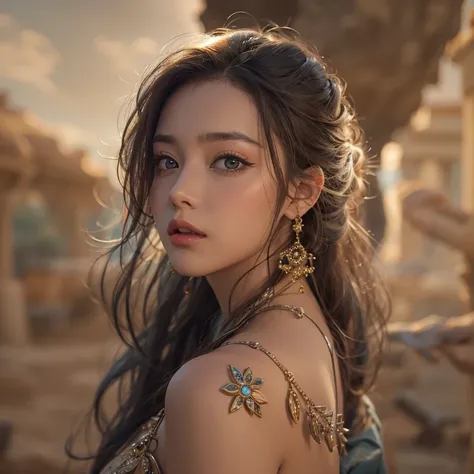 desert、Hair flows、 ((highest quality、masterpiece、8k、best image quality、ultra high resolution、Award-winning work)、(close-up of woman&#39;s face:1.35)、(close-up of naked face:1.3)、(accurate anatomy:1.1)、(look at me and smile:1.1)、Shining fair skin with ultra...