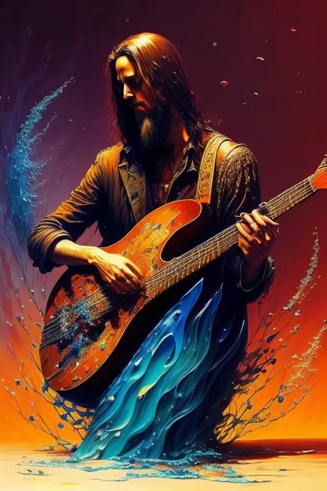 A melancholic  musician  playing a guitar  character  made of liquid glass and oil paint splashes  of liquid paint dust all around fantasy art style   painting dark background  in the style of zdzislaw  beksinski full body pose high detail high resolution 