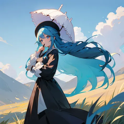 Background cylindrical tower、Hat Large straw hat、Women with long hair、Put your hand on your hat、The wind is blowing and the grass is swaying、Clothing dress、Blue Hair、Over quality、Super cute、Fluffy clothes、Black clothes、Have a parasol