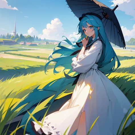 Background cylindrical tower、Hat Large straw hat、Women with long hair、Put your hand on your hat、The wind is blowing and the grass is swaying、Clothing dress、Blue Hair、Over quality、Super cute、Fluffy clothes、Black clothes、Have a parasol