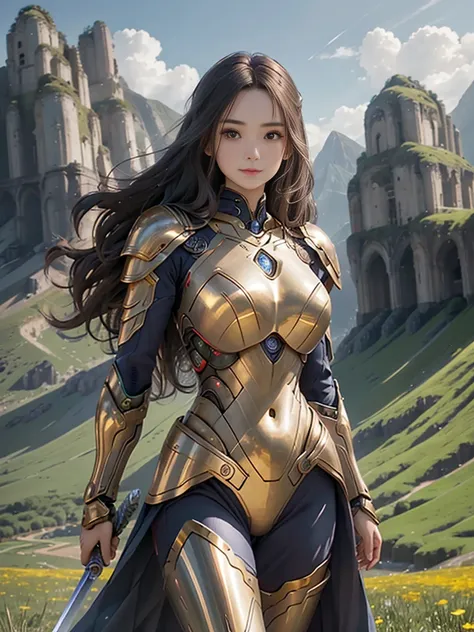 超A high resolution、An ultra-high picture quality、8K、Detailed details、marvelous expression、girl of steel、Cyborg girl、slender physique、long curly brown hair、wears golden metal armor、With a big sword、Run briskly、Rin々Smile、mountain meadow landscape