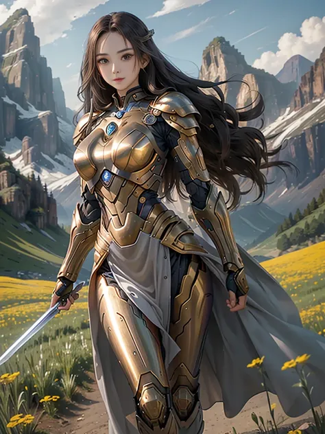 超A high resolution、An ultra-high picture quality、8K、Detailed details、marvelous expression、girl of steel、Cyborg girl、slender physique、long curly brown hair、wears golden metal armor、With a big sword、Run briskly、Rin々Smile、mountain meadow landscape