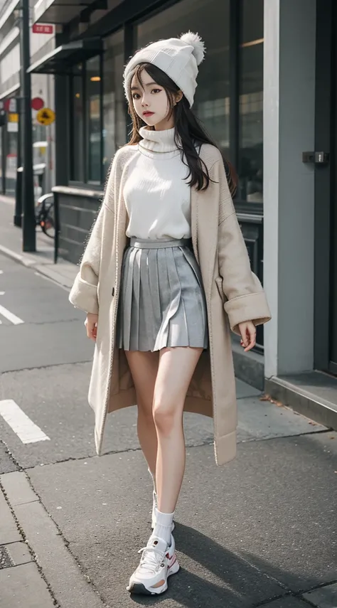 Winter，16 years old，Pure，thin，thin legs，thin弱，Waist revealing shirt，Waistless sweater，coat，Pleated skirt，Bare legs，White socks，sports shoes，hat，Silver long hair shawl，whole body，