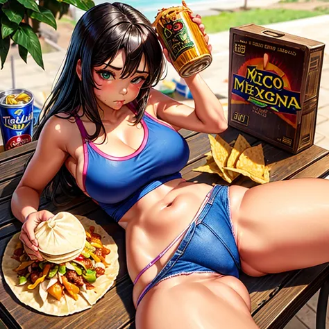 Mexican woman eating tacos, Mexican food stall tortillas and nachos　Tight tank top and hot pants　highest quality　Tequila and Corona beer on the table　String Panties