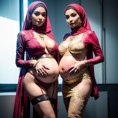 {Perfect Details: (((2 girls:1.5, girls artsy women))) pregnant 9 month (((perfect pregnant))) Malaysian girl ,malay},Two:2 Malaysian girls group,malay, The whole body consists of a young girl with hijab, Eye makeup, 21yo, Cat ears, Soft lighting, Solo, We...