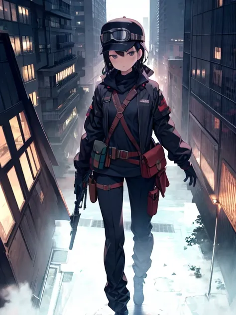 best quality,(beautiful detailed face:1.0), (detailed deep eyes),best quality, girl, style, belt, black_gloves, black_hair, brick_wall, building, city, cityscape, gloves, goggles, goggles_on_headwear, gun, handgun, hat, holding_gun, holding_weapon, holster...