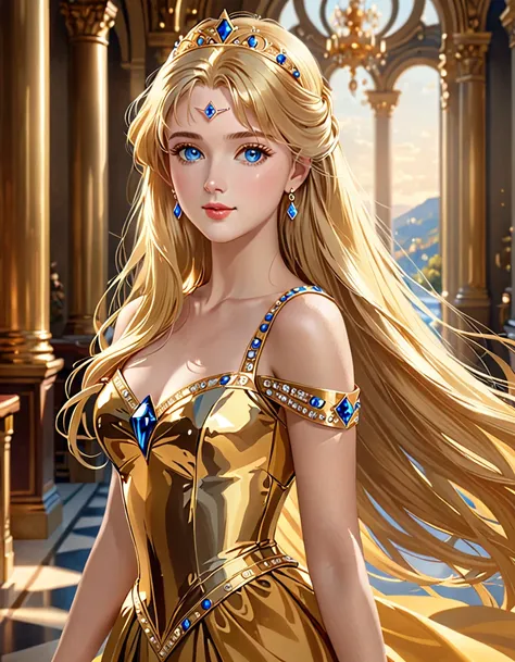 incredibly beautiful golden-haired blonde with blue eyes, long golden hair. she has long bangs, a luxurious gold dress, and an e...