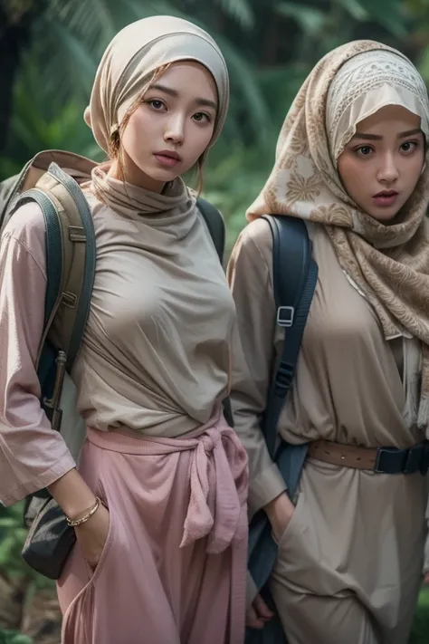 Two japan girl in hijab lost in fantasy jungle, beautiful face,  body, carry backpack, hiking, torn outfit, ripped outfit, wear robe gamis, unbuttoned cloth loose opened, showing breasts and nipples, no bra. Slim, Slender, thin and tall body. White skin,  ...