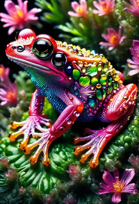 a vivid and bright image of a pink colored frog. the frog is small and bulbous with shiny, moist skin reflecting the light. its ...