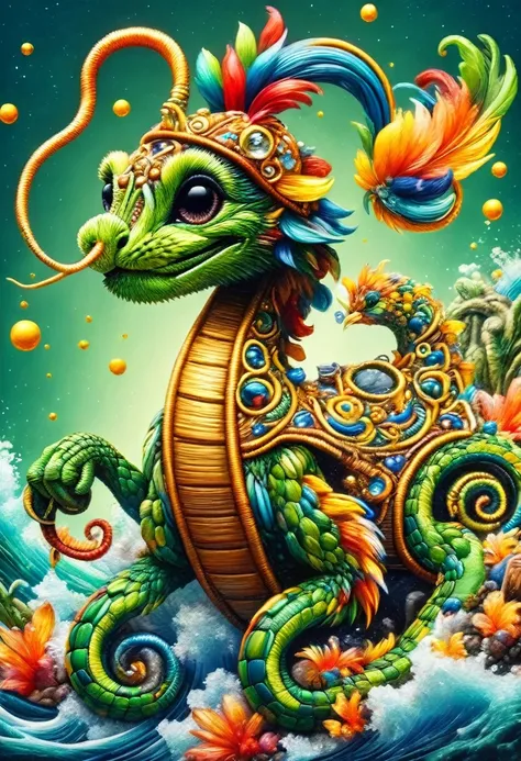 envision a vibrant and dynamic image of captain brave tail, a diminutive snake characterized by a bright green hue, this cheerfu...