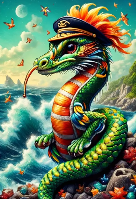 envision a vibrant and dynamic image of captain brave tail, a diminutive snake characterized by a bright green hue, this cheerfu...