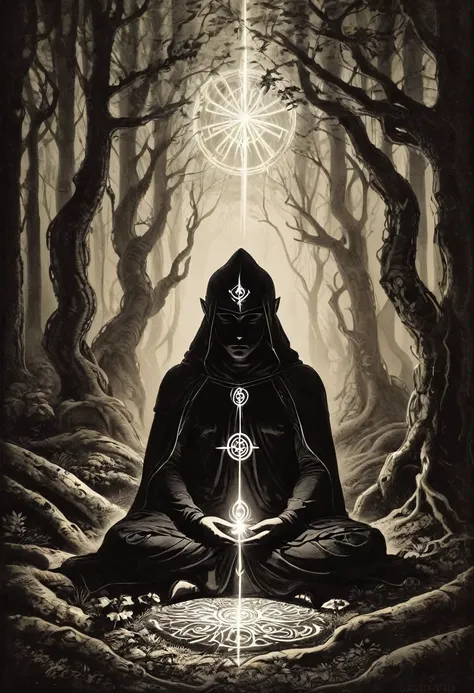 a dark, mysterious figure meditating in a shadowy forest with glowing runes surrounding them.