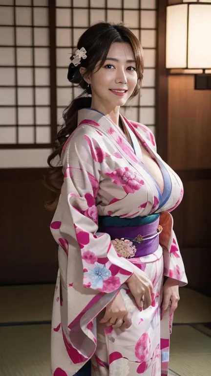 mature attractive sexy woman,50 years old, ((kimono)),(((kimono))),shut,((big breasts:1.2)),(facial wrinkles:1.3),light makeup,l...