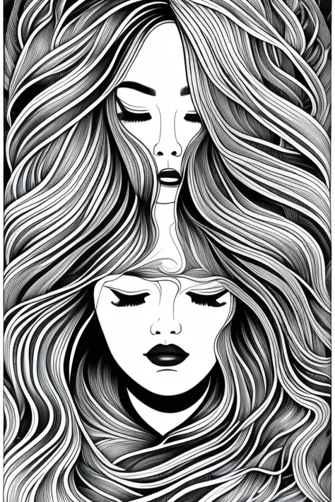 (ink art, ink illustration, ink, rough:1.4), (flowing lines), dreaming, dreams, sleeping, eyes closed, floating, peaceful, colou...