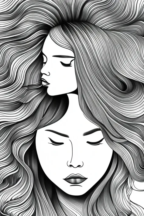 (ink art, ink illustration, ink, rough:1.4), (flowing lines), dreaming, dreams, sleeping, eyes closed, floating, peaceful, colourful hair, flowing hair, hair flowing into ink, swirling ink, highly detailed background, flowers, clouds, multicoloured, obscur...