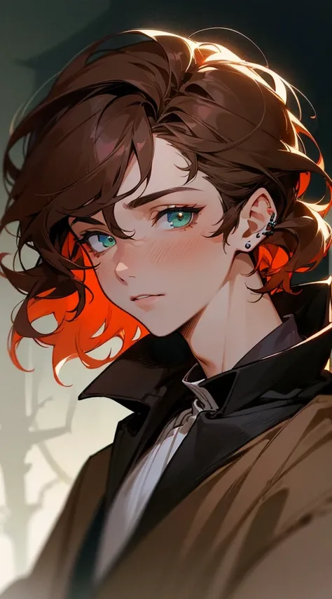 ((tmasterpiece)),(((beste-Qualit))), Close-up of young boy with brown hair, Subsurface scattering skin, Attractive humanoid, in rustic clothes, shirt, high detail, Skinny fantasy man, Fan art, Art, looks at the viewer, handsome male, ruddy, Green eyes, Ski...