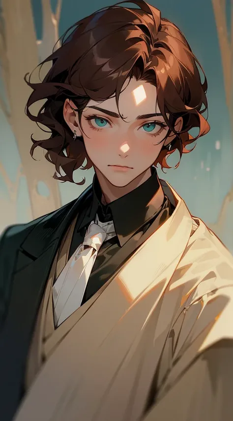 ((tmasterpiece)),(((beste-Qualit))), Close-up of young boy with brown hair, Subsurface scattering skin, Attractive humanoid, in rustic clothes, shirt, high detail, Skinny fantasy man, Fan art, Art, looks at the viewer, handsome male, ruddy, Green eyes, Ski...