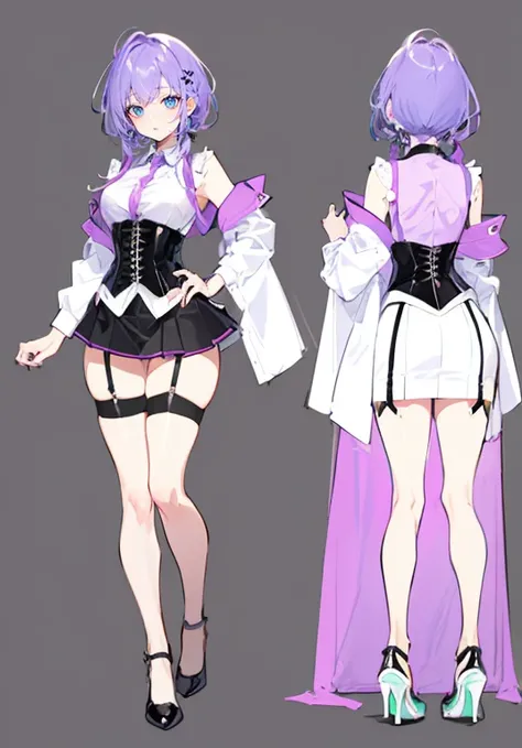 Purple Hair,Shortcuts,Adult female,bartender,((Body Harness)),((Rolling up your sleevesＹshirt)),(corset),mini skirt(Short skirt),((garter belt)),High heels,((Simple Background)),smile,((Full Body)),((full body)),((whole body)),Character Sheet,