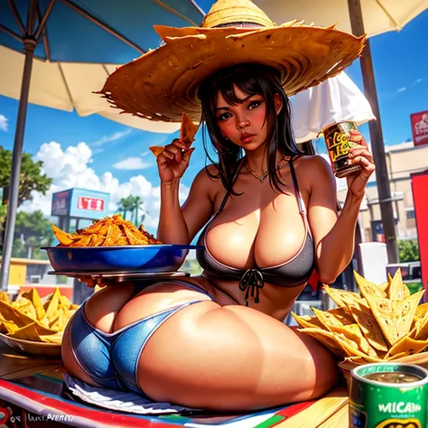 Mexican woman eating tacos, Mexican food stall tortillas and nachos　Tight tank top and hot pants　highest quality　Tequila and Corona beer on the table　String Panties