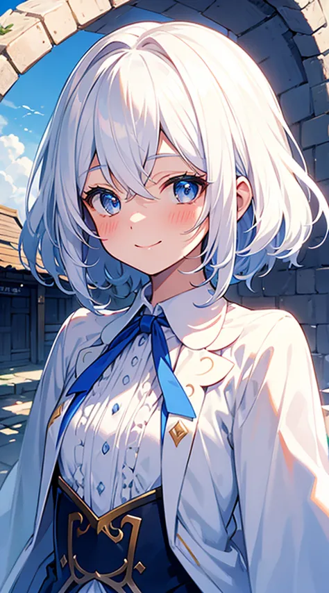 [[[ ultra-detailed, best quality, soft skin, beautiful]]], portrait, cerulean eyes, white hair, small, ribbon, regular robes, ru...