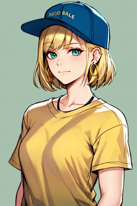 neoartcore, 1girl, masterpiece, best quality, 1girl, aqua eyes, baseball cap, blonde hair, closed mouth, earrings, green backgro...