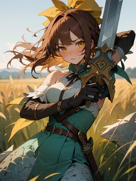 Masterpiece, best quality, expressive eyes, perfect face, 1girl, solo, weapon, gloves, sword, breasts, head fins, elbow gloves, yellow eyes, bare shoulders, blush, brown hair, field background, monster girl, scales, ribbon 