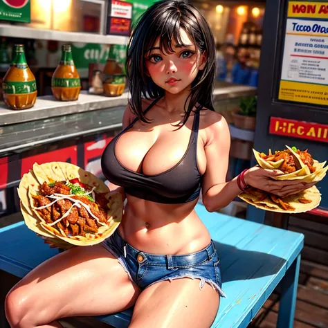 Mexican woman eating tacos, Mexican food stall tortillas and nachos　Tight tank top and hot pants　highest quality　Tequila and Corona beer on the table　String Panties