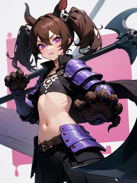 Masterpiece, best quality, expressive eyes, perfect face, 1girl, scythe, solo, horns, tail, hooves, monster girl, fang, skull, brown hair, twintails, navel, animal hands, animal ears, flat chest, purple eyes, belt, armor, mask, 