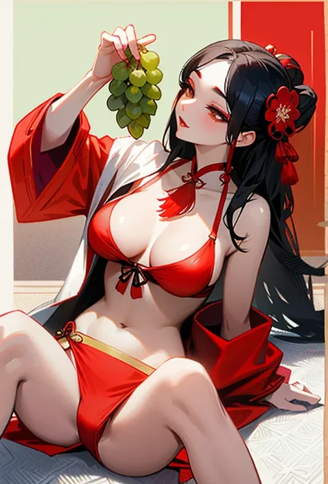 araffe asian woman in a red and yellow bikini and a bunch of grapes, organic seductive geisha, gorgeous chinese model, trending at cgstation, Ghost Festival, hanfu, shunga style, with acient chinese clothes, white hanfu, japanese goddess, traditional chine...